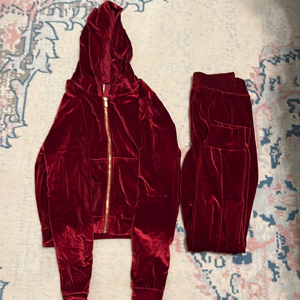 Red velour Fabletics sweatsuit